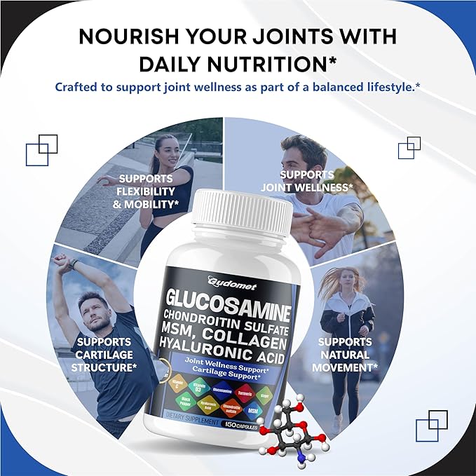 Glucosamine Chondroitin sulfate Methylsulfonylmethane Hyaluronic Acid Turmeric Ginger Vitamin C, D3, Black Pepper -150 Capsules