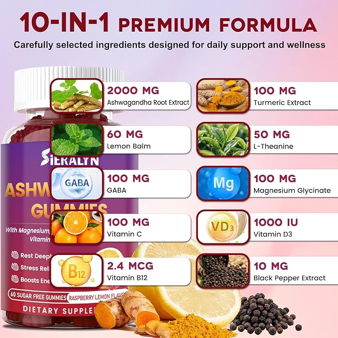 Ashwagandha Gummies 2000mg, Ashwagandha Supplements for Women Men with L-Theanine, GABA, Magnesium, Vitamins – Stress Relief, Immune & Mood Support, Sugar-Free, Vegan, Non-GMO, 120 Count