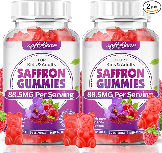 softbear Saffron Gummies for Kids & Adults, 10-in-1 Organic Saffron Supplements with 88.5mg Saffron Extract Support Calm Mind & Focus & Zzz, Sugar Free/Non-GMO, Raspberry Flavor 120 Count