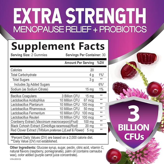 Menopause Supplement Gummies - 3 Billion CFU Per Serving Women's Probiotics - Advanced Menopause Relief Formula for Women with Black Cohosh - Mild Hot Flashes & Night Sweats Support - 60 Gummies