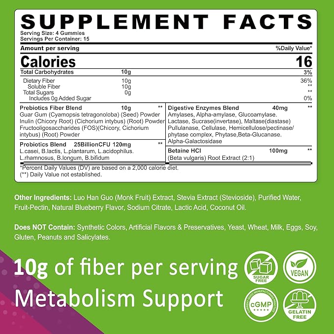 Fiber Gummies for Adults, Sugar Free 10g Prebiotic Fiber Supplement with Digestive Enzymes, Probiotics & 100mg Betaine for Digestive & Gut Health and Regulate Bowel Movement, Vegan, Gelatin Free, 60ct