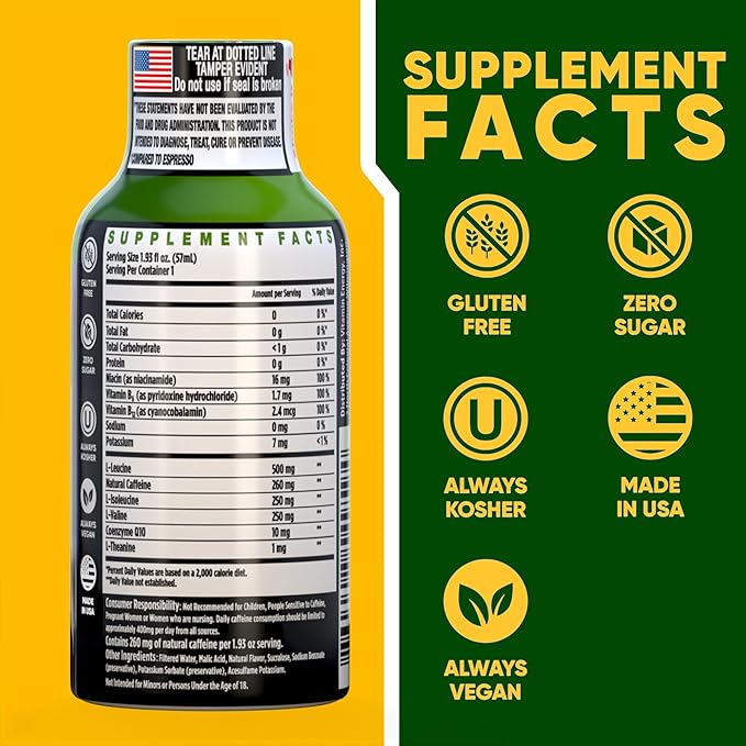 Vitamin Energy Focus+ Extra Strength Energy Shot Blue Raspberry 8 Pack, 260mg Natural Caffeine, B-Vitamins, CoQ10, Amino Acids, Focus, Productivity & Clarity, Zero Sugar, Gluten-Free, 1.93 fl oz