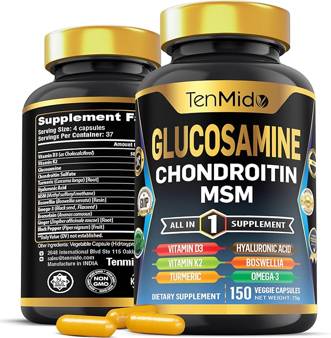 Glucosamine Chondroitin MSM Supplement - 12in1 Formula - Combine with Turmeric, Hyaluronic Acid, Boswellia, Omega-3, Bromelain, Ginger, and More - Joint Health Support - 150 Capsules