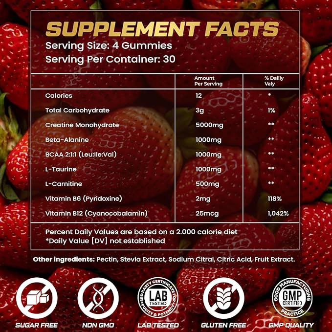KUKALY Creatine Monohydrate Gummies for Men & Women, 9000MG Creatine Gummies Sugar Free with L-Taurine, BCAA 2:1, B12 B6 for Boost Strength, Focus & Endurance, Vegan, Non-GMO, Strawberry 120*2 Bottle