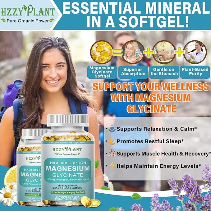 Magnesium Glycinate 500mg Softgels, High Absorption Magnesium Supplement Softgel Capsules for Muscle, Heart, Sleep & Bone Support, Stress Relief, Nerve Health & Metabolism, Non-GMO, 2 Month Supply