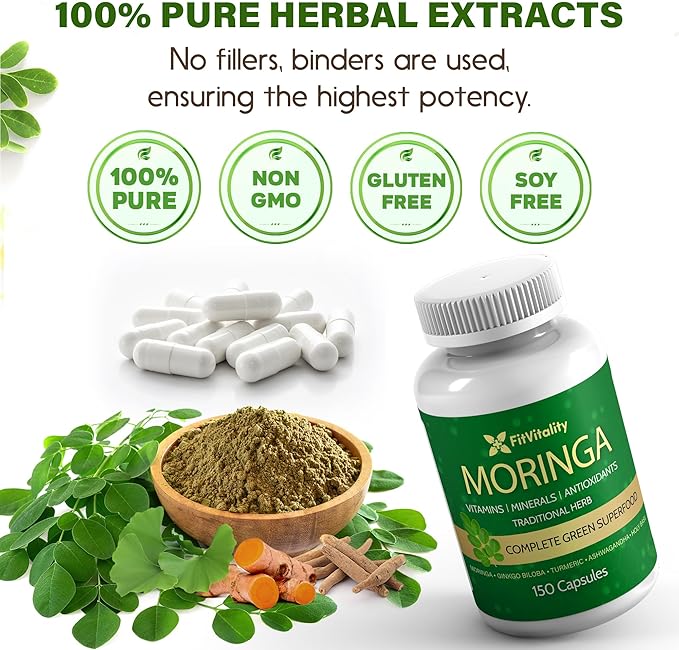 150 Veggie Moringa Premium Capsules –Moringa Leaf, Ginkgo Biloba Leaf, Turmeric Extract, Ashwagandha & Tulsi Holy Basil – 100% Natural Herbal Blend.