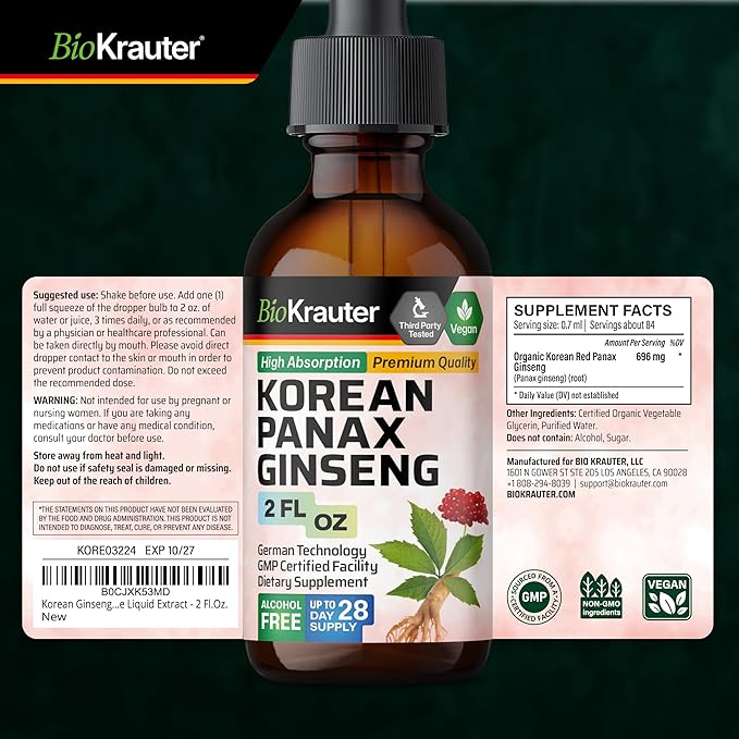 BIO KRAUTER® Ginseng Supplement - Pure Vegan Liquid Drops Korean Red Ginseng 696 mg per Serving 2 Fl.Oz 28-Day Supply - Used for Energy, Focus, Performance & Immune Support - Alcohol & Sugar Free