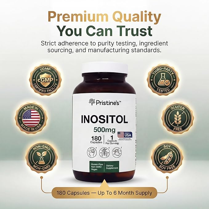 PRISTINE'S Myo Inositol PCOS Supplement Capsules - 500mg 180 Day Supply - Vegan, Gluten Free, Non GMO