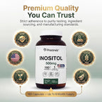PRISTINE'S Myo Inositol PCOS Supplement Capsules - 500mg 180 Day Supply - Vegan, Gluten Free, Non GMO
