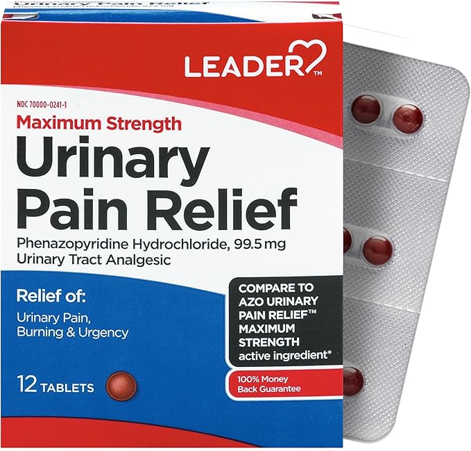 LEADER Urinary Pain Relief Maximum Strength, Fast Relief of UTI Pain, Burning & Urgency, Urinary Tract Infection, Phenazopyridine Hydrochloride 99.5 mg, 12 Tablets