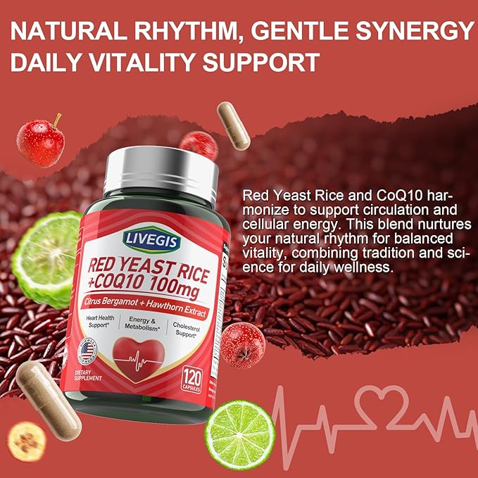 Red Yeast Rice 2000mg with CoQ10 100mg - Citrinin Free Heart Health Supplement with Citrus Bergamot & Hawthorn - Supports Healthy Cholesterol Levels - Vegan, Non-GMO Capsules 120 Counts