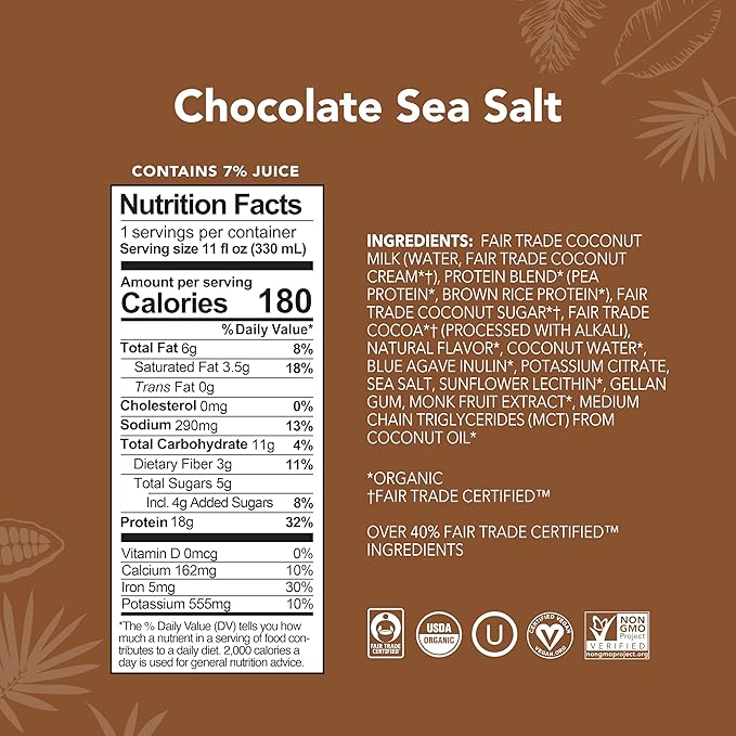 ALOHA Organic Protein Drink, Chocolate Sea Salt, Low Sugar & Dairy Free Ready-to-Drink Protein Shake, Plant Based, Non-Dairy, Clean Ingredients, GLP-1 Friendly, 18g Protein, Gluten Free