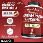 Nutrivein Korean Red Panax Ginseng 1600mg – Extra Strength Formula – 180 Capsules – Boost Energy, Mental Focus & Immune Health Naturally