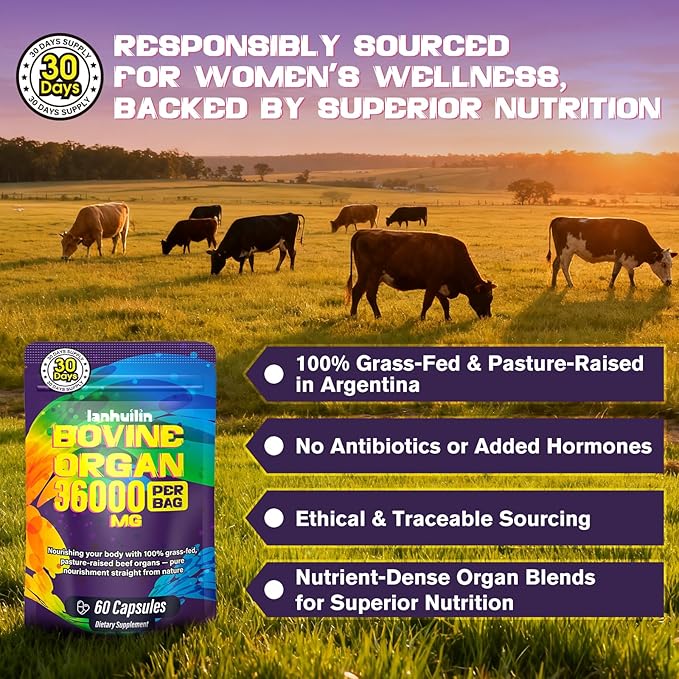 Beef Organ Supplement for Women - 100% Grass Fed Beef Organs with Bovine Liver, Ovary, Uterus, Kidney, Heart & Fallopian Tubes - PMS, Menopause & Energy, Immune & Mood Support, 60 Count