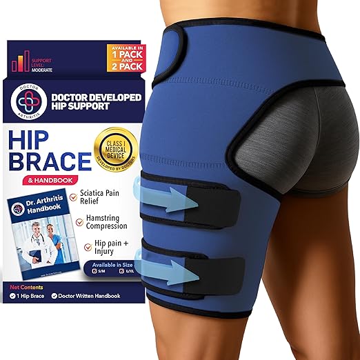 Dr. Arthritis Stabilizing Hip Brace for Men & Women, Thigh Compression Sleeve & Hip Support for Muscle Recovery, Hamstring Brace with Handbook, Sciatica Pain Relief Devices - Left Leg (L/XL, Navy)