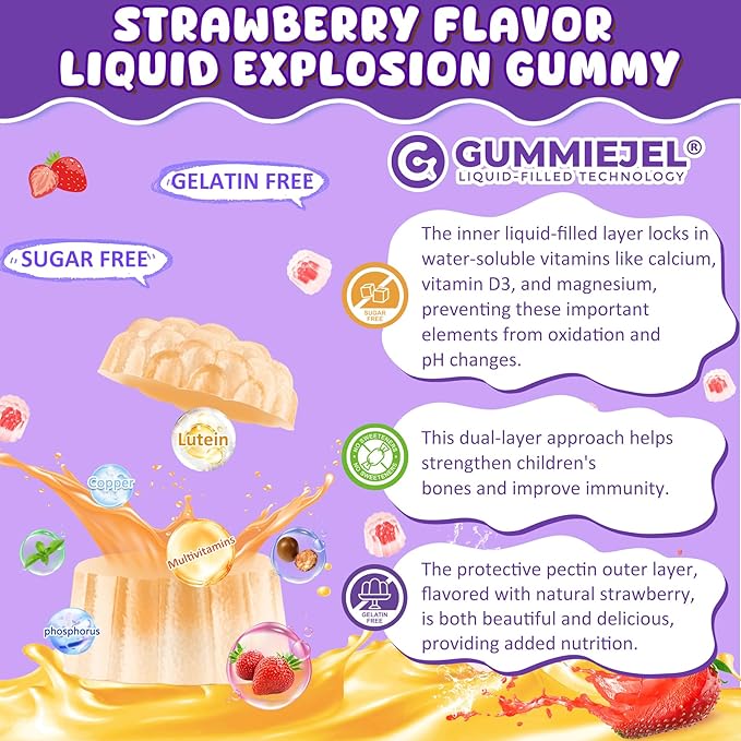 Sugar Free Kids Calcium Gummies (Ages 4-12) - 300mg Calcium Citrate w/Vitamin D3 K2 Magnesium - Algae DHA, Lutein & Zeaxanthin for Strong Bones, Eye & Brain Support - Gelatin Free - 60 Gummies