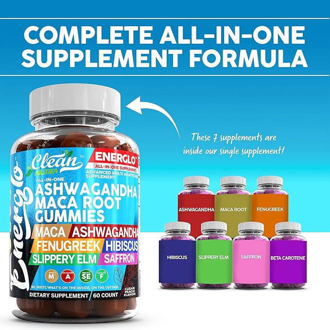 Ashwagandha Maca Root Gummies with Fenugreek Hibiscus Slippery Elm Saffron Extract & Beta Carotene | Peach Flavor Vegan Gummy Vitamins Adaptogen Cortisol Supplement Energlo By Clean Nutra