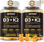 Vitamin D3 5000iu & K2( as MK7 ) 200mcg Gummies + 600mg Calcium, with Coconut Oil for High Absorption, Maximum Strength Vitamin D3 K2 Supplement - Support for Bones Muscle Teeth Immune, Vegan 2Packs