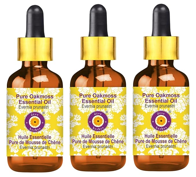 Deve Herbes Pure Oakmoss Essential Oil (Evernia prunastri) with Glass Dropper Steam Distilled (Pack of Three) 100ml X 3 (10 oz)
