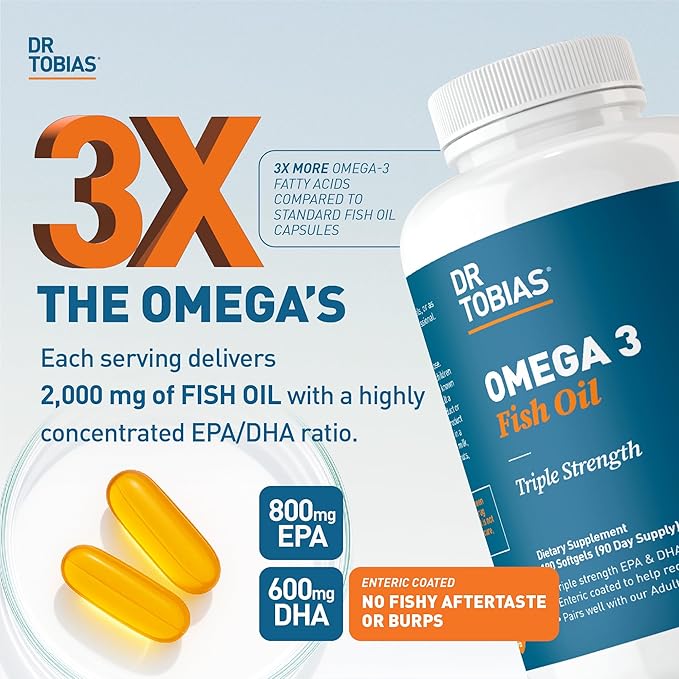 Dr. Tobias Omega 3 Fish Oil 2000mg Triple Strength with 800mg EPA 600mg DHA Per Serving | Fish Oil Omega 3 Supplements for Heart Brain & Immune Support - 360 Softgels (180 Servings)