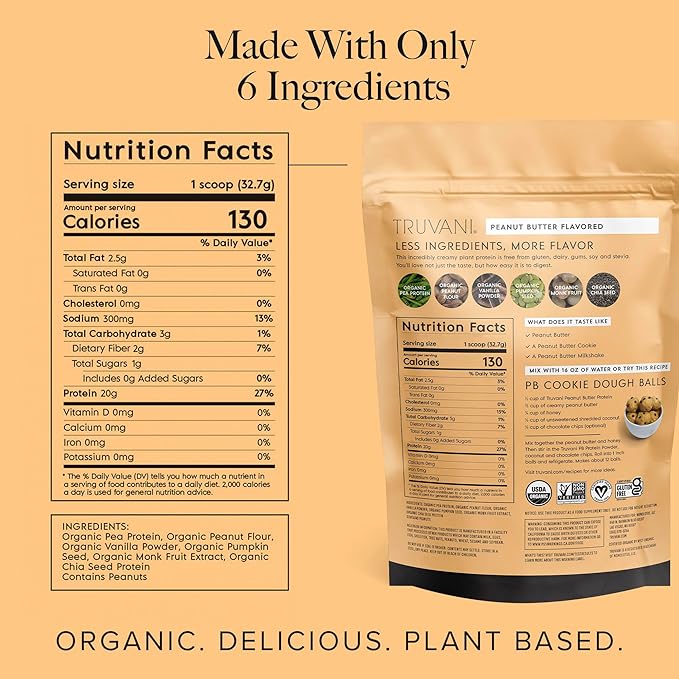 Truvani Vegan Pea Protein Powder | Peanut Butter | 20g Organic Plant Based Protein | 20 Servings | Keto | Gluten & Dairy Free | Low Carb | No Added Sugar