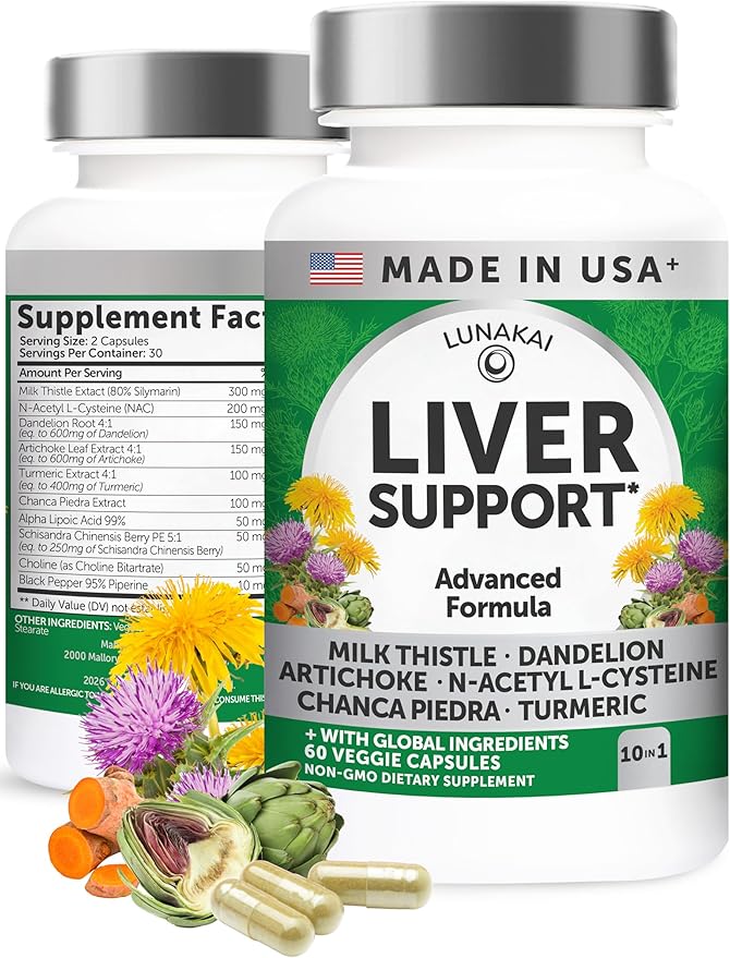 Lunakai USA Made Liver Cleanse Detox & Repair - 10-in-1 with Milk Thistle & NAC – Liver Support Supplement Capsules for Men & Women, Daily Health, Non-GMO, 60ct