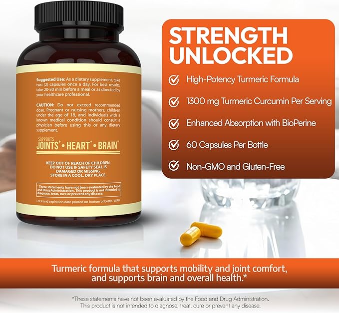 Arazo Nutrition Turmeric Curcumin with BioPerine 1300mg with Black Pepper - Joint Support Nutritional Supplements - 100% Herbal Tumeric Root Capsules (Pack of 2)