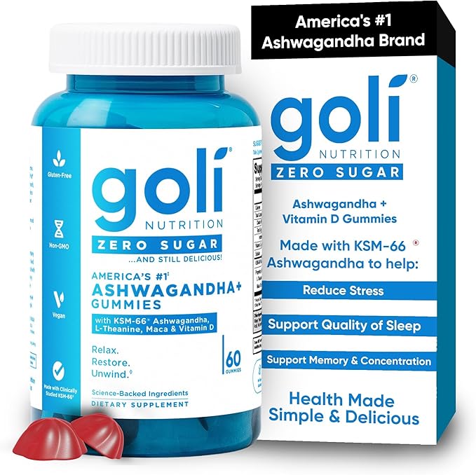Goli Zero Sugar Ashwagandha Gummies with KSM-66, L-Theanine, Maca and Vitamin D - No Sugar Alcohols - Vegan, Keto-Friendly, Non-GMO