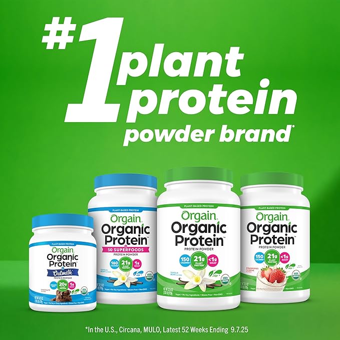 Orgain Organic 30g Vegan Plant Protein Powder, Vanilla, 9g EAAs + BCAAs, High Plant Protein, 4g Prebiotic + Fiber, 1g Sugar, Pre-Workout, Muscle Support + Recovery - 2.01lb (Packaging May Vary)