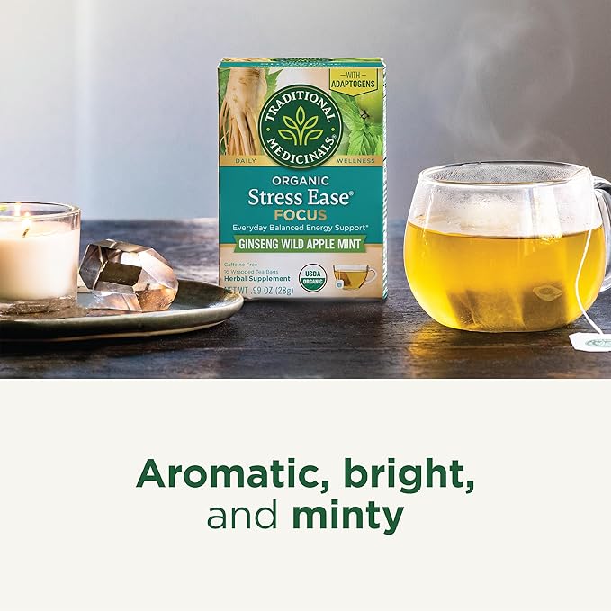 Traditional Medicinals Organic, Stress Ease Focus, Ginseng Wild Apple Mint Tea - Balanced Energy Support & Adaptogens - Kosher, Non-GMO, Caffeine-Free, Compostable - 16 Tea Bags