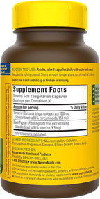 Nature Made Extra Strength Turmeric Curcumin with Black Pepper, 1000mg Turmeric Extract per serving (Standardized to 95% Curcuminoids), Supports Healthy Inflammation Response, 60 Vegetarian Capsules