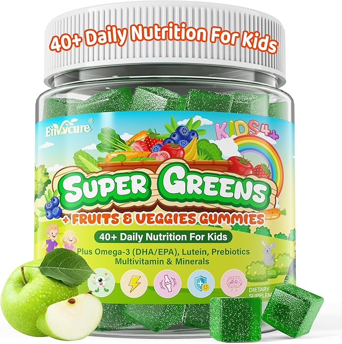 Kids Super Greens Gummies, w/Multivitamins, 20+ Veggie Fruit, Prebiotics, Calcium, Omega-3 (DHA/EPA), Kids Vitamins Greens Superfood Gummies for Picky Eaters Growth, Energy, Immune, Digestion, 1 Pack