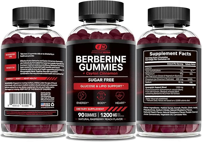 Effective Nutra Berberine Gummies with Ceylon Cinnamon | 1200mg Sugar-Free Formula for Blood Sugar & Metabolic Support | Natural Energy, Heart Health | Vegan, Non-GMO | 90 Count (45-Day Supply)