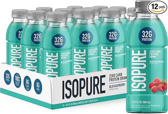 Isopure Zero Carb 32g Clear Protein Ready-to-Drink, Whey Protein Isolate, Blue Raspberry, 12 Pack (Packaging May Vary)
