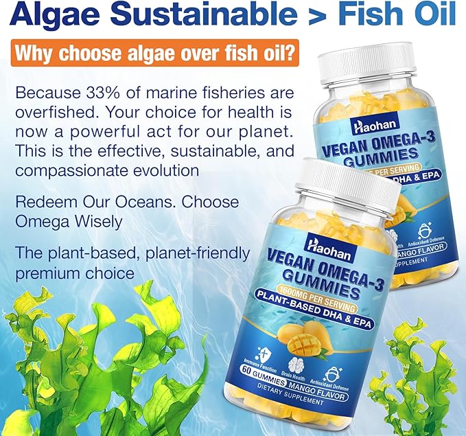 Omega-3 Gummies for Adults, Orange Flavor – Sugar-Free, Algae-Derived DHA 600mg & EPA 300mg, with Vitamins A, C, E, Zinc, 60 Gummies