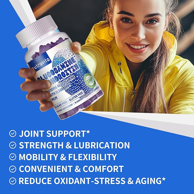Nutravita Glucosamine Chondroitin Gummies with MSM & Elderberry Extra Strength - Joint Support, Antioxidant Immune Support Supplement for Adults, Men & Women.120 Blueberry Chews