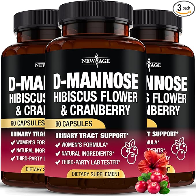 NEW AGE D-Mannose with Cranberry & Hibiscus - High Strength for Urinary Tract Health - Supplement for Women - Bladder, Liver & Microflora Support - Made in USA - Vegan, 180 Capsules