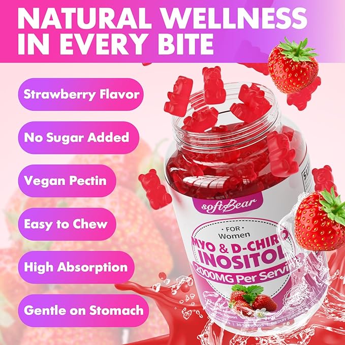 softbear Inositol Supplement for Women, Myo-Inositol & D-Chiro Inositol Gummies Ideal 40:1 Ratio for Female Health & Wellness, Sugar-Free/Veagn/GMO-Free, Strawberry Flavor, 60 Count