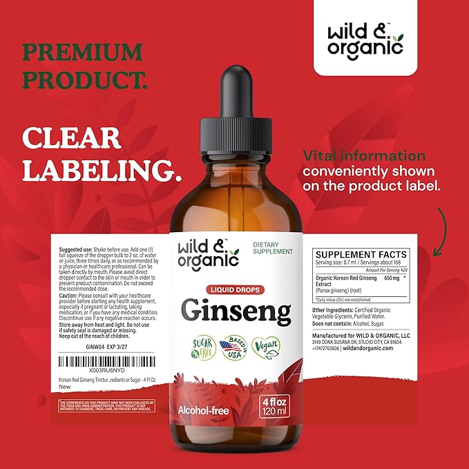 Wild & Organic Korean Panax Ginseng Extract Liquid Drops - Immune Support - Red Ginseng Root Supplement - Easy to Add to Tea - Vegan, Sugar & Alcohol-Free Tincture - 4 fl oz
