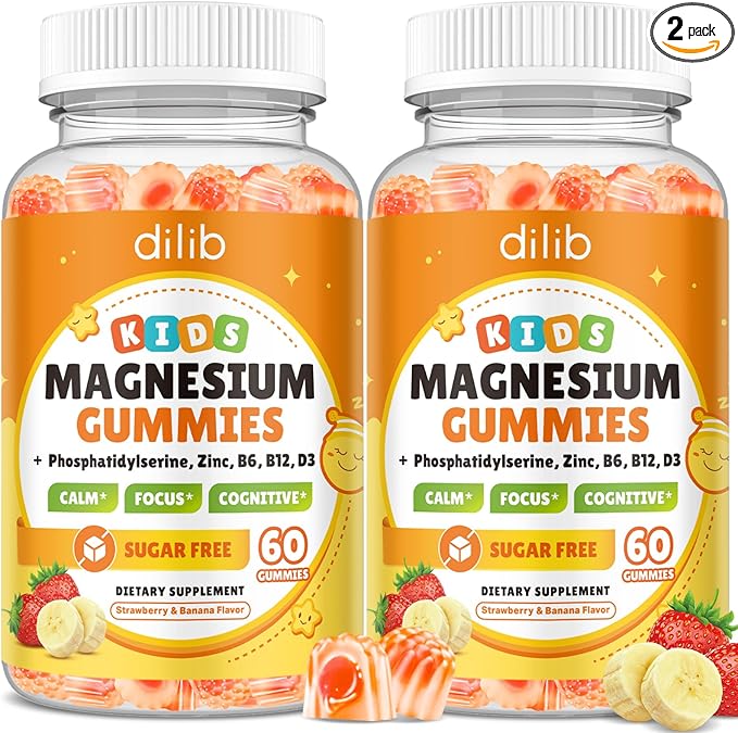 Magnesium Glycinate Gummies for Kids, Brain Supplement for Memory and Focus with Phosphatidylserine, L-Theanine, Zinc for Kids & Adults Sleep Cognition Calm, Strawberry & Banana Flavor 120ct