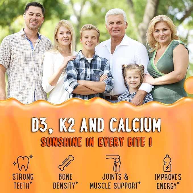 OH MY CHEWY Center-Filled Vitamin D3 K2 & Calcium Gummies - Supplement for Healthy Teeth, Bone & Energy - 5000 IU D3, 120 mcg K2(MK-7), 120 mg CA - Vegan & Non-GMO - 60 Count