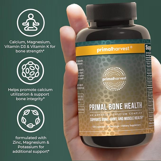 Primal Harvest 2 Pack, Primal Bone Health Calcium Carbonate Bone Health Complex for Men & Women with Calcium, Magnesium, Zinc, Manganese, Potassium, & L-Carnitine (240 Capsules)