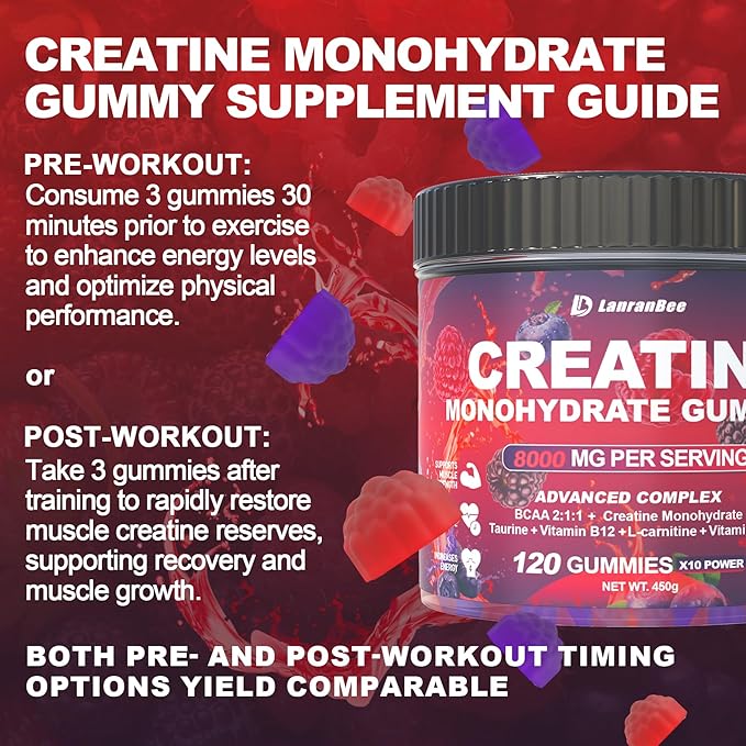 Creatine Monohydrate Gummies for Men & Women with L-Carnitine & Taurine, Sugar Free Chewable Creatine Pre-Workout Supplement for Muscle Strength, Muscle Builder, Energy Boost (Raspberry Flavor)