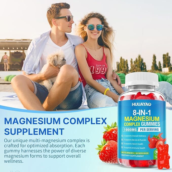 Magnesium Complex Gummies for Women Men 8 in 1, Magnesium Glycinate, Citrate, Malate, Taurate, Supports Bones, Muscle, Nerve Health, Sugar-Free, Vegan Non-GMO, Strawberry Flavor, 60 Count