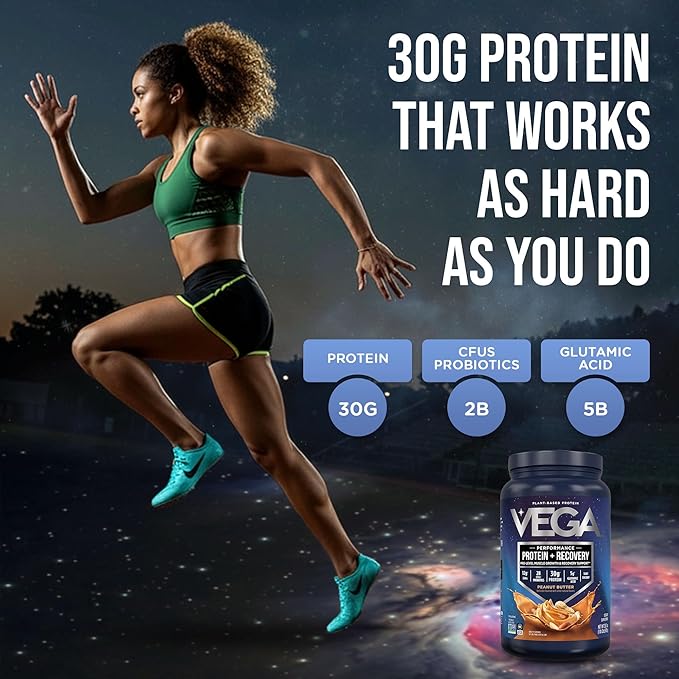 Vega Sport Vegan Protein Powder + Recovery - 30g Plant Based Protein per Serving, Peanut Butter, 19 Servings, 5g BCAAs, Probiotics, NSF Certified, for Shakes & Smoothies, 1.8lbs (Packaging May Vary)