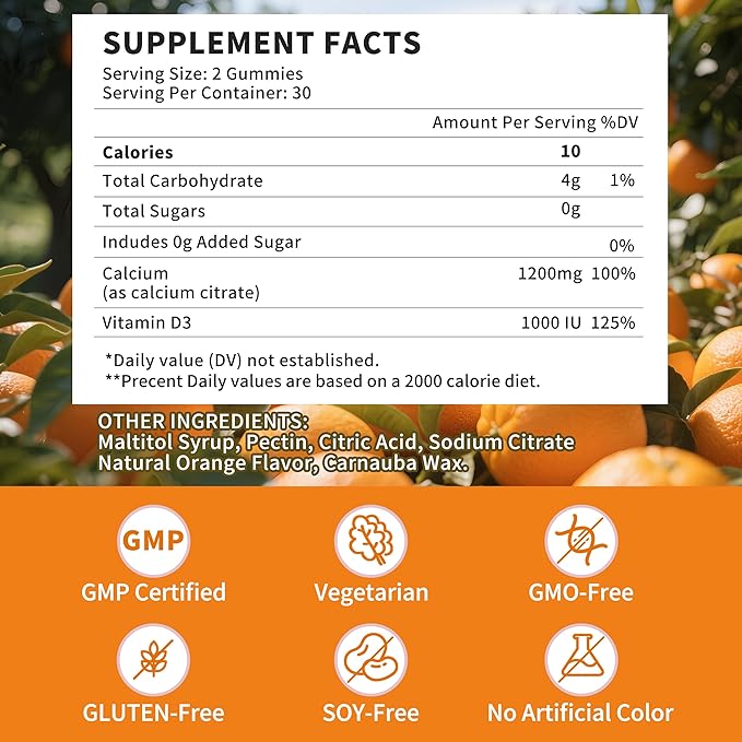 (2 Pack)Calcium Citrate 1200mg with Vitamin D3 Gummies for women & Men，Calcium Citrate Supplements for Bone & Teeth Support,High Absorption-Easy to Digest, Sugar Free,Vegan,Orange Flavor,60 Day Supply
