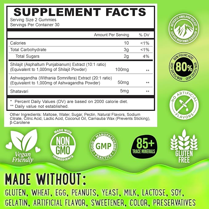 OH MY CHEWY Pure Himalayan Shilajit Gummies - High Potency Gold Grade Resin - Energy Boost and Immune Support for Men and Women with Ashwagandha and Shatavari - Apple & Kiwi
