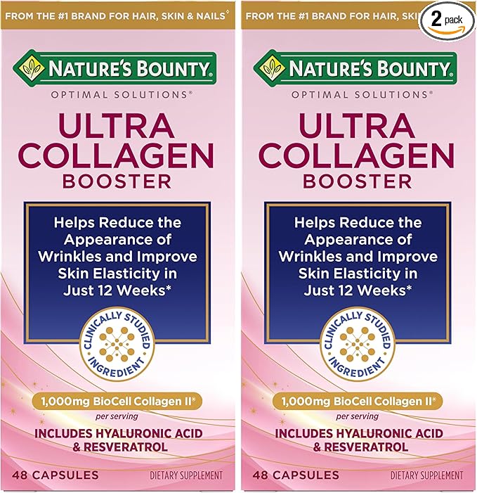 Nature's Bounty Optimal Solutions Ultra Collagen Booster for Healthy-Aging Supplement, Resveratrol, Hyaluronic Acid – Collagen Capsules for Women, 48 Capsules (Pack of 2)