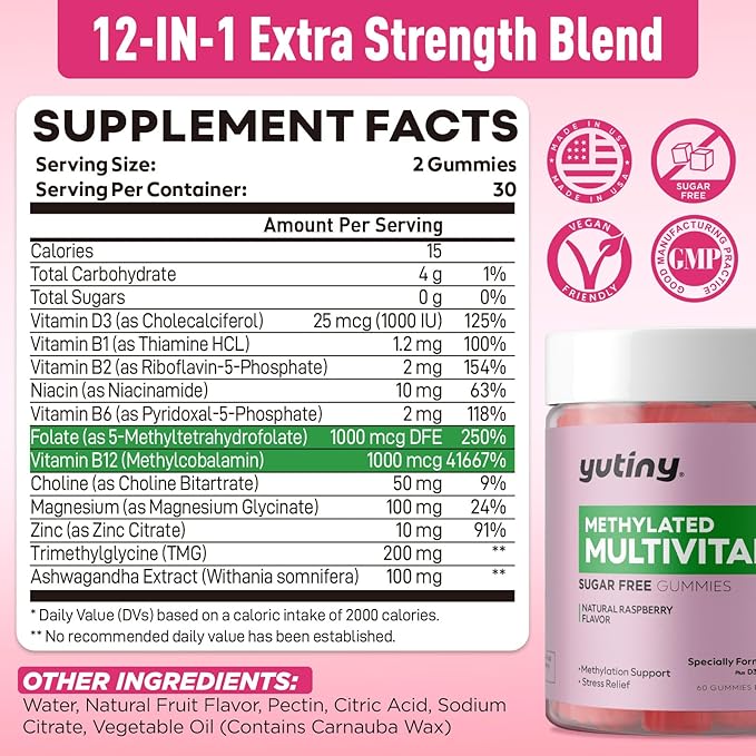 Methylated Multivitamin for Women Gummies, Methyl B Complex Vitamins with D3 Zinc Choline TMG for Energy & Nervous System, Vegan, Sugar Free, 60 Count