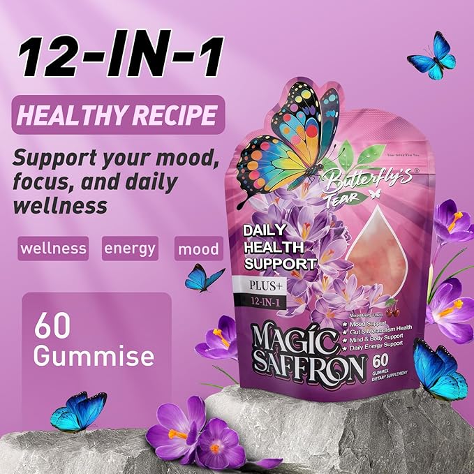BUTTERFLY'S TEAR Saffron Gummies | 12-in-1 Daily Health Support | Mixed Berry Flavor | Mood, Gut & Metabolism, Mind & Body, Energy Support | 60 Gummies Dietary Supplement